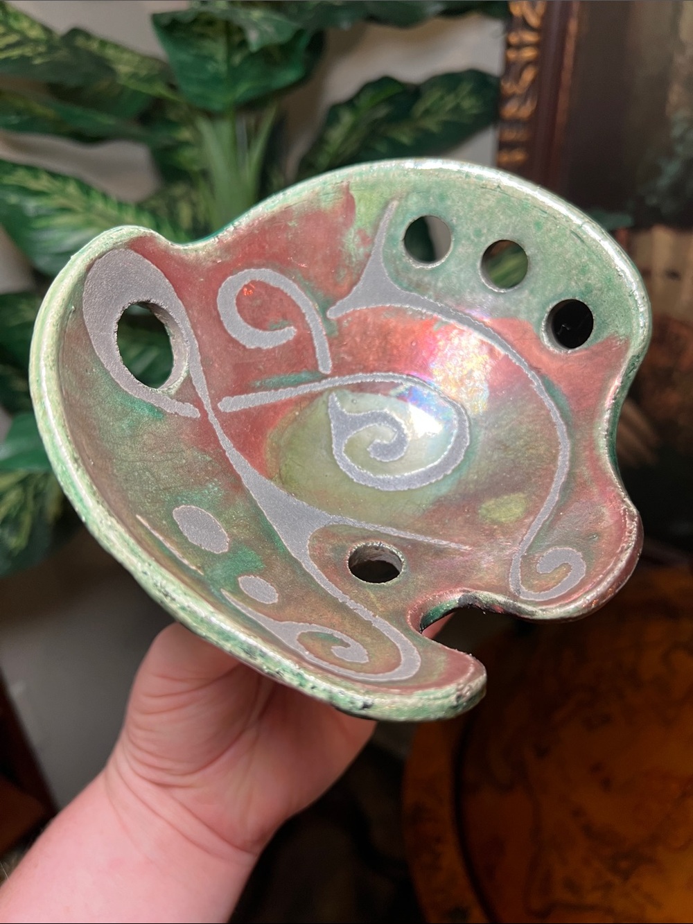Vintage Artisan Signed Raku Pottery Cutout Dot Pedestal Bowl Compote Candy Dish